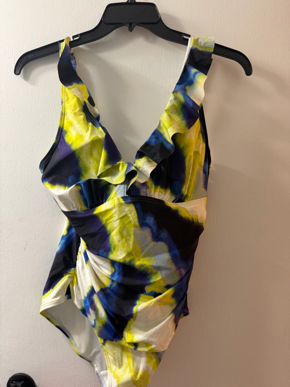 Dkny Yellow Blue White Ruffle V-Neck One-Piece Swimsuit